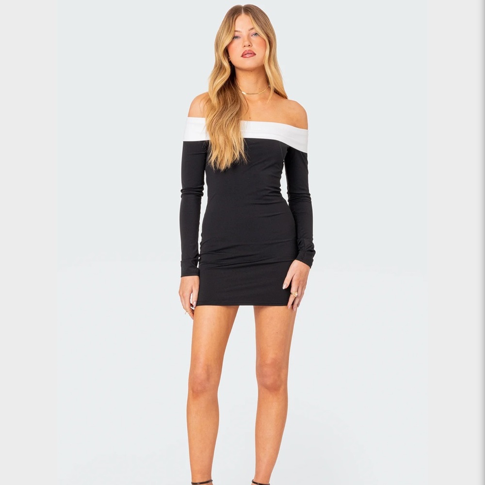 edikted Yolanda Contrast Fold Over Mini Dress Black and White, M